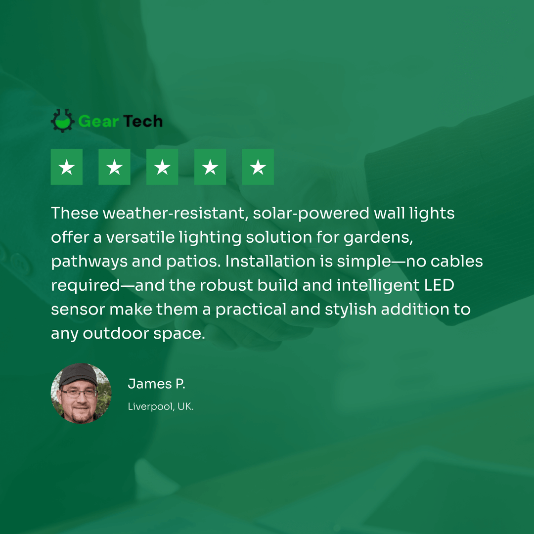Outdoor Solar LED Wall Light with soft white glow, mounted on patio wall, weather-resistant, perfect for gardens and pathways
