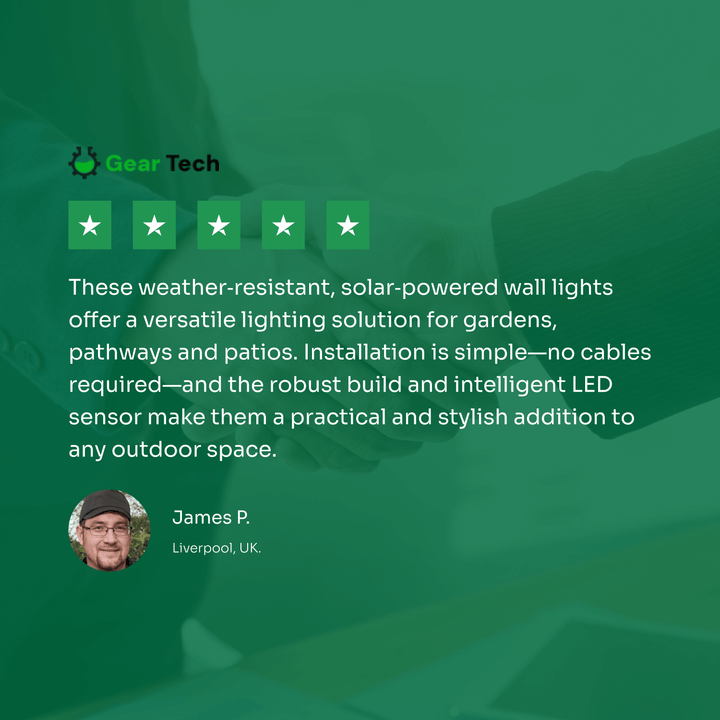 Outdoor Solar LED Wall Light with soft white glow, mounted on patio wall, weather-resistant, perfect for gardens and pathways