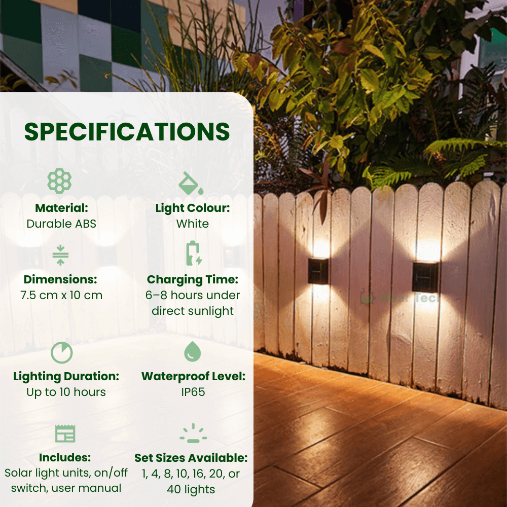 Outdoor Solar LED Wall Light with soft white glow, mounted on patio wall, weather-resistant, perfect for gardens and pathways