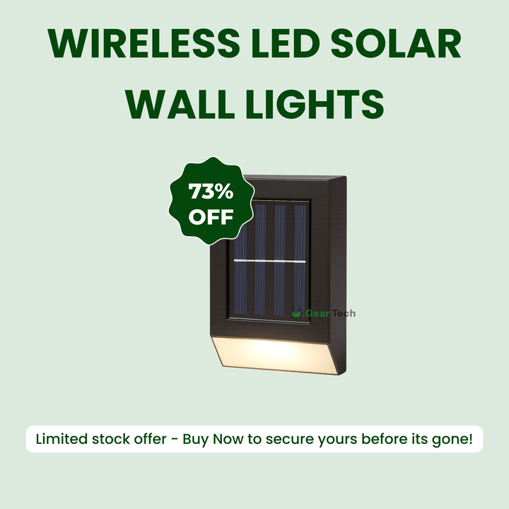 Outdoor Solar LED Wall Light with soft white glow, mounted on patio wall, weather-resistant, perfect for gardens and pathways