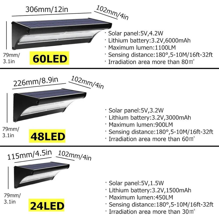 "Outdoor solar LED wall lights with motion sensor, sleek black design, aluminum body, cool white LED, IP66 waterproof."