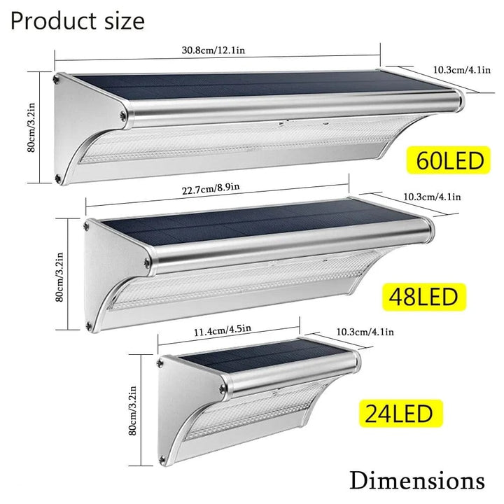 "Outdoor solar LED wall lights with motion sensor, sleek black design, aluminum body, cool white LED, IP66 waterproof."