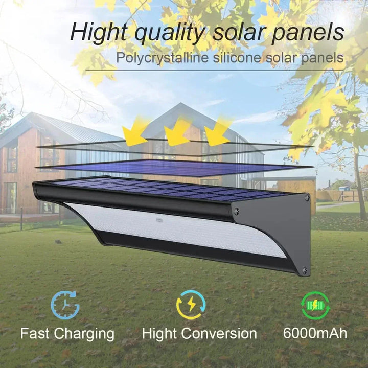 "Outdoor solar LED wall lights with motion sensor, sleek black design, aluminum body, cool white LED, IP66 waterproof."