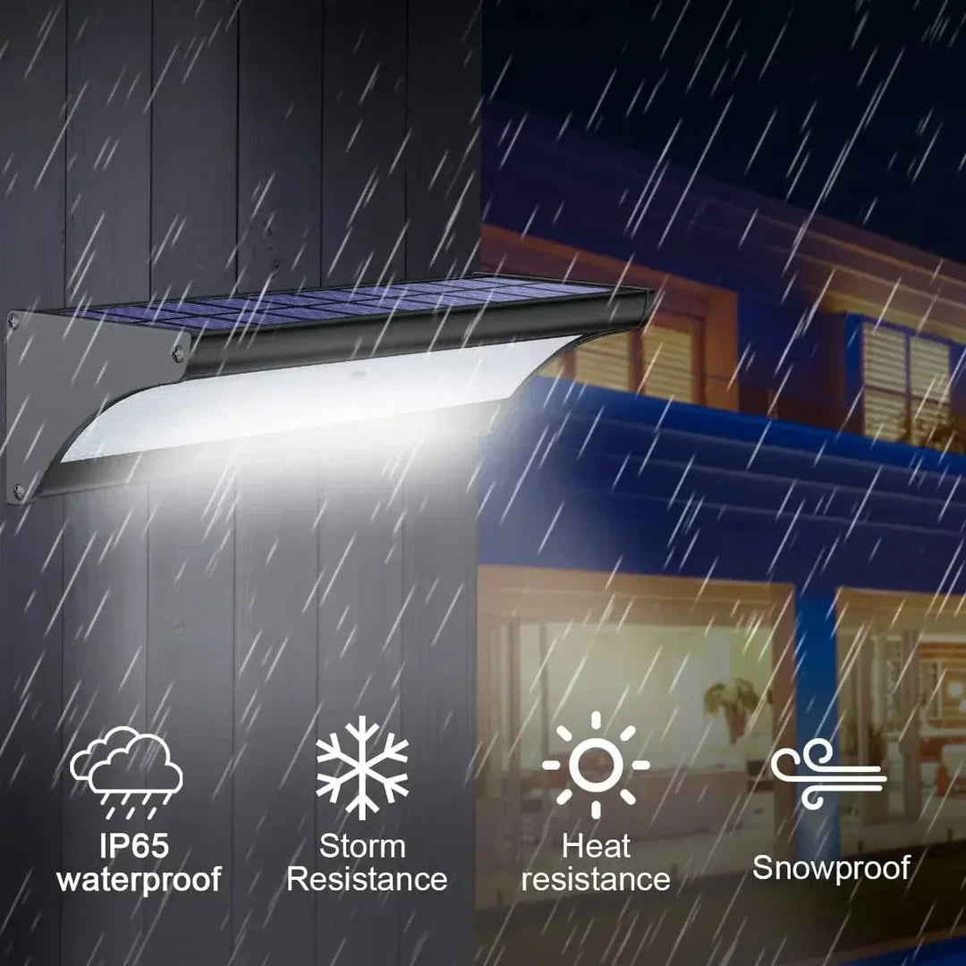 "Outdoor solar LED wall lights with motion sensor, sleek black design, aluminum body, cool white LED, IP66 waterproof."
