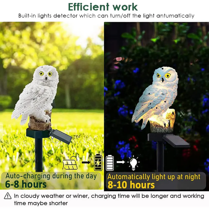 "Outdoor solar owl lamp set with LED lights, intricate details, eco-friendly lighting, ideal for gardens and patios."