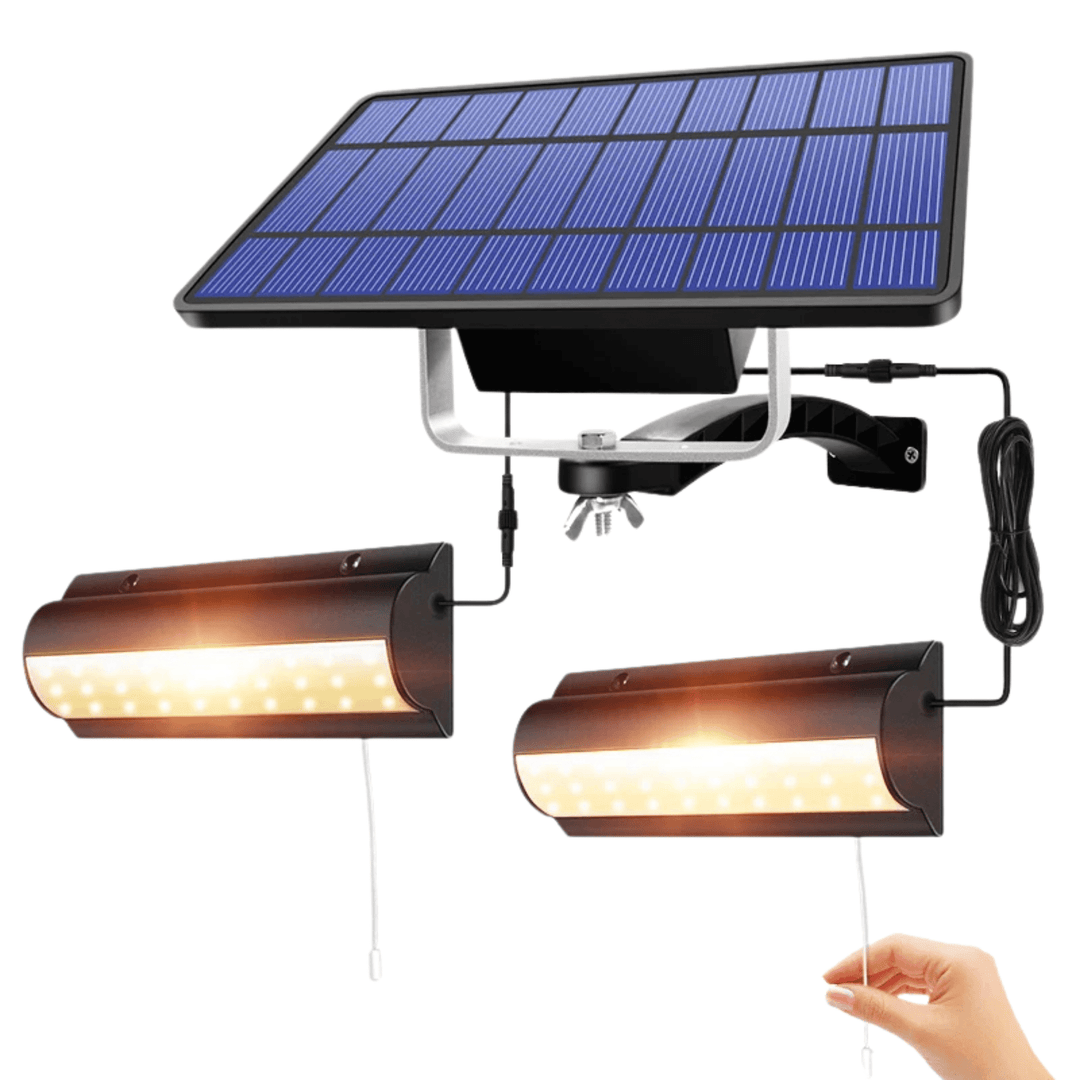 Outdoor Solar Pendant LED Light with dual/single options, art deco style, warm/cool white, weatherproof, 30 LEDs per head.