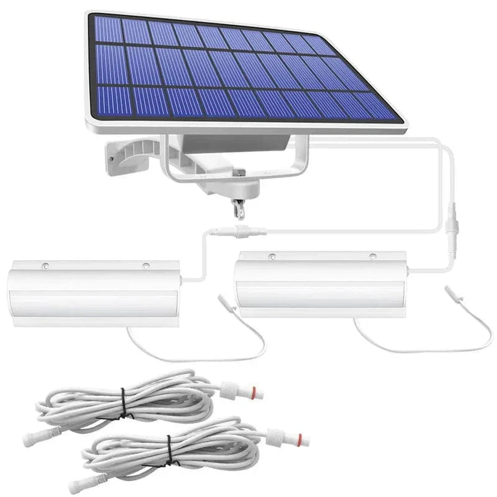Outdoor Solar Pendant LED Light with dual/single options, art deco style, warm/cool white, weatherproof, 30 LEDs per head.
