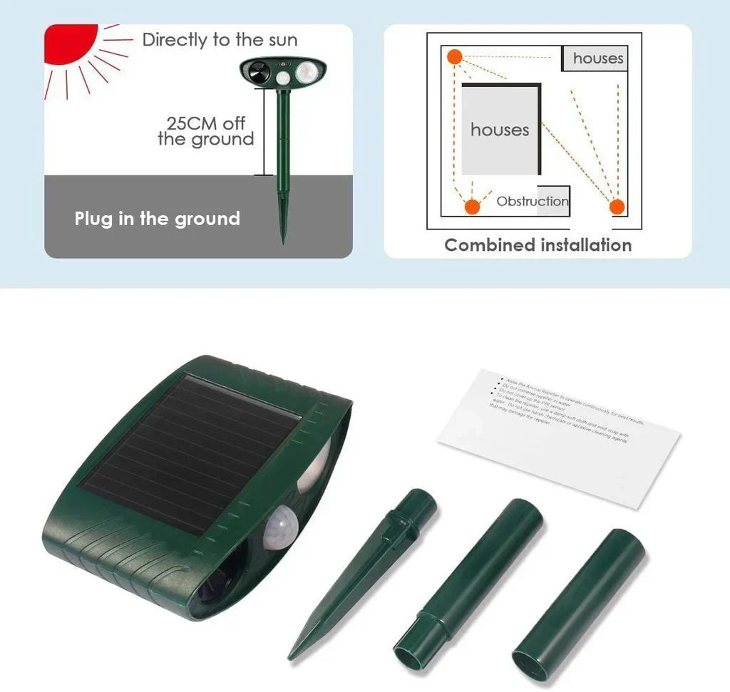 "Outdoor solar-powered ultrasonic deer repeller in garden setting, showcasing green and grey weather-resistant design."