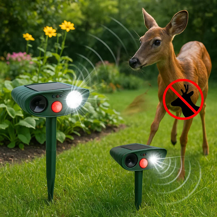 "Outdoor solar-powered ultrasonic deer repeller in garden setting, showcasing green and grey weather-resistant design."