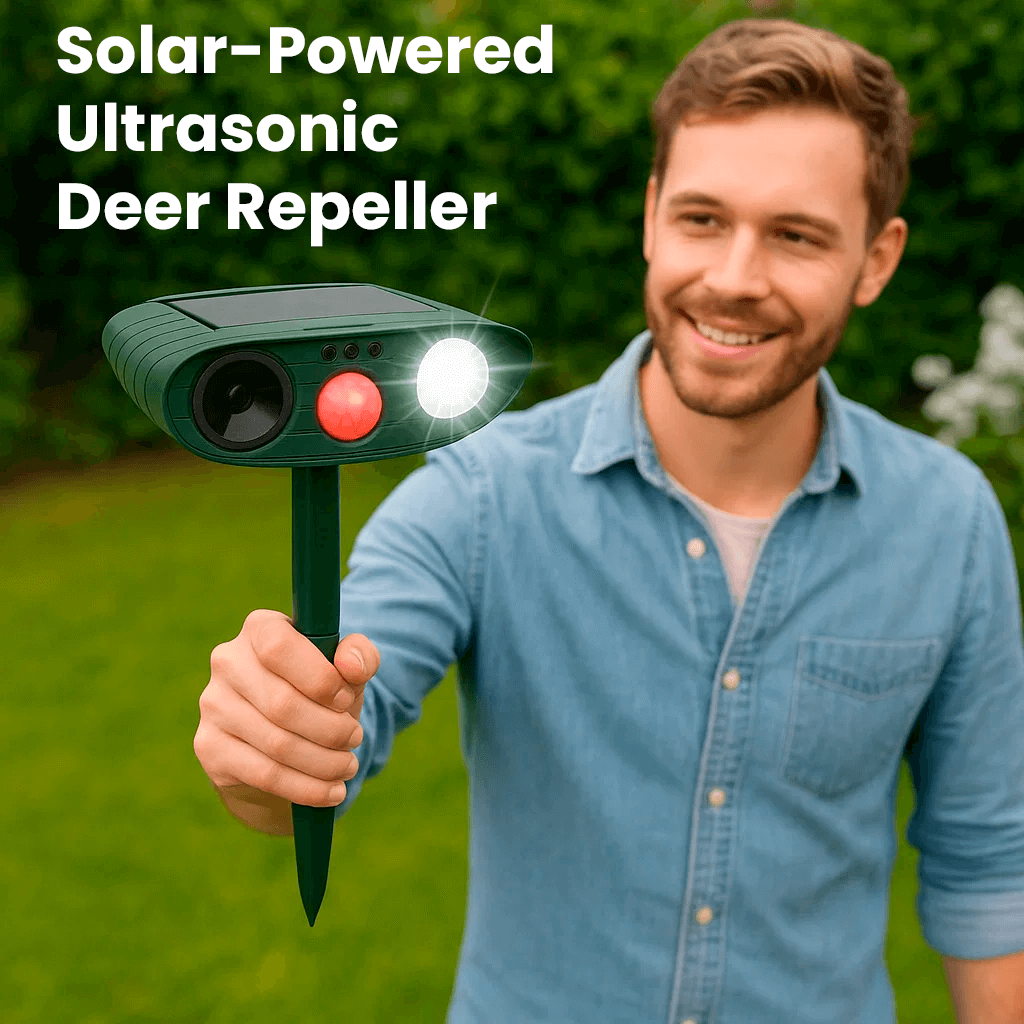 "Outdoor solar-powered ultrasonic deer repeller in garden setting, showcasing green and grey weather-resistant design."