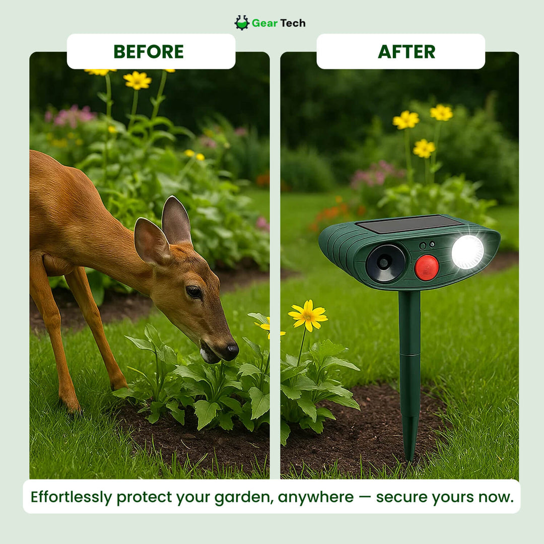 "Outdoor solar-powered ultrasonic deer repeller in garden setting, showcasing green and grey weather-resistant design."