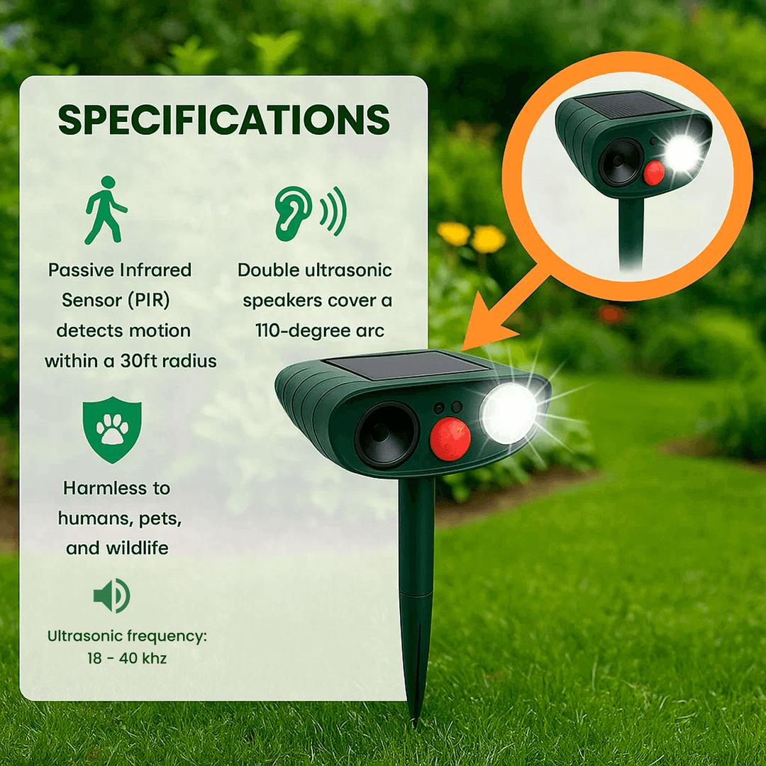 "Outdoor solar-powered ultrasonic deer repeller in garden setting, showcasing green and grey weather-resistant design."
