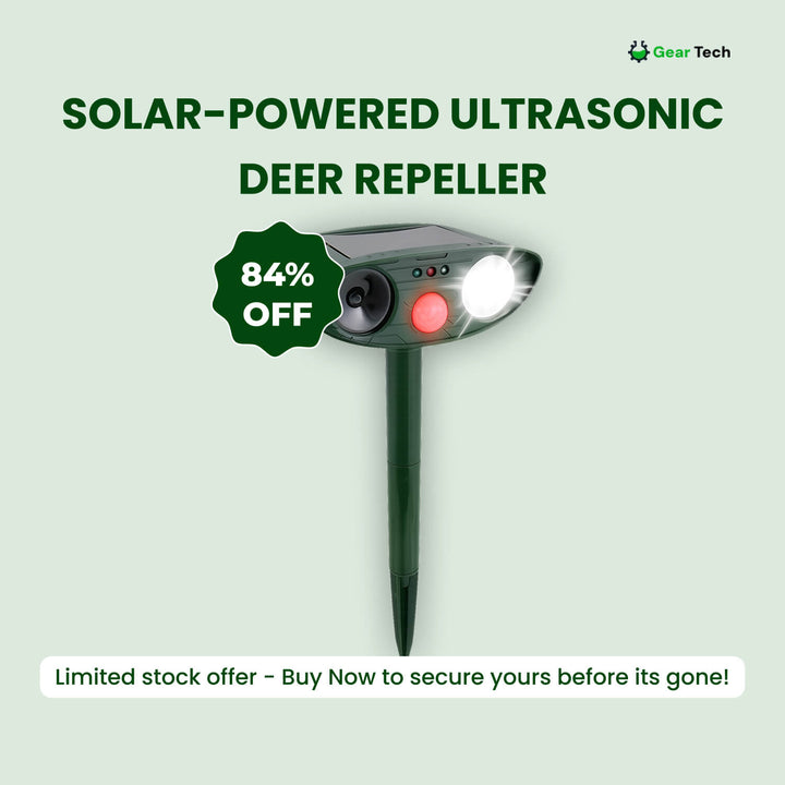 "Outdoor solar-powered ultrasonic deer repeller in garden setting, showcasing green and grey weather-resistant design."