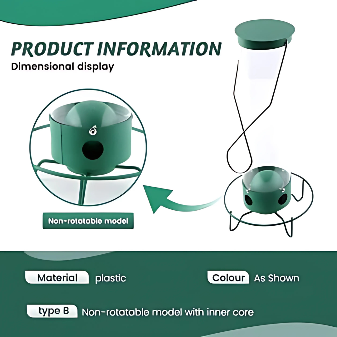 Outdoor squirrel-proof bird feeder with spinning perch, durable metal design, prevents squirrel access, large seed capacity.