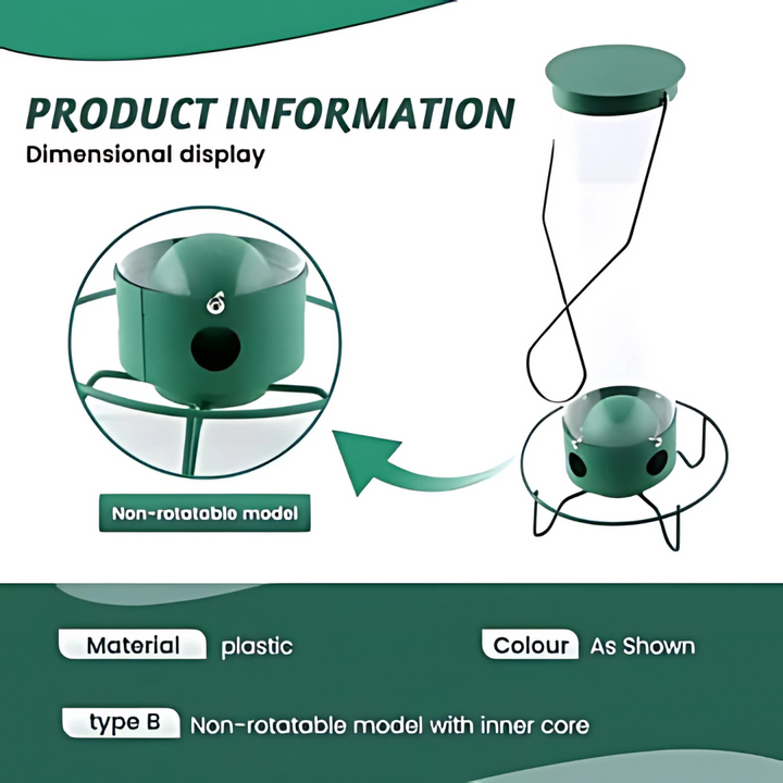 Outdoor squirrel-proof bird feeder with spinning perch, durable metal design, prevents squirrel access, large seed capacity.