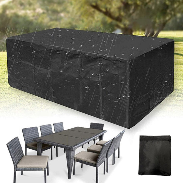"Outdoor waterproof heavy-duty furniture cover, black 420D Oxford cloth blocks water, dirt. Fits patio furniture set."