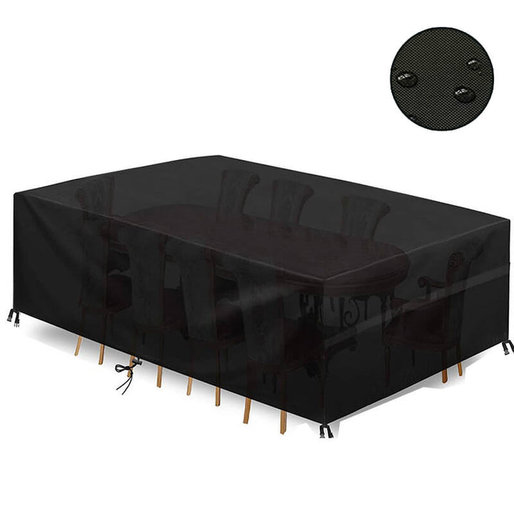 "Outdoor waterproof heavy-duty furniture cover, black 420D Oxford cloth blocks water, dirt. Fits patio furniture set."