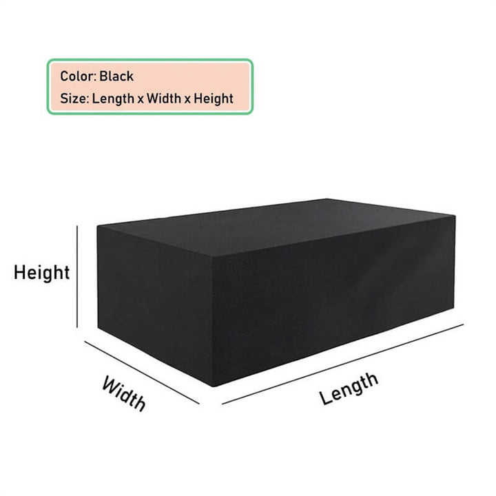 "Outdoor waterproof heavy-duty furniture cover, black 420D Oxford cloth blocks water, dirt. Fits patio furniture set."