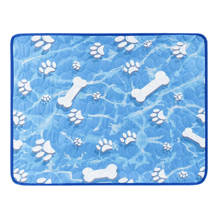 "Pale blue pet cooling mat on beige sofa provides comfort for dogs and cats during summer, featuring self-cooling ice silk fa
