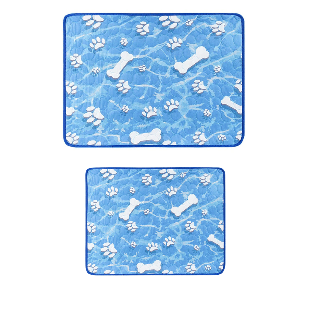 "Pale blue pet cooling mat on beige sofa provides comfort for dogs and cats during summer, featuring self-cooling ice silk fa