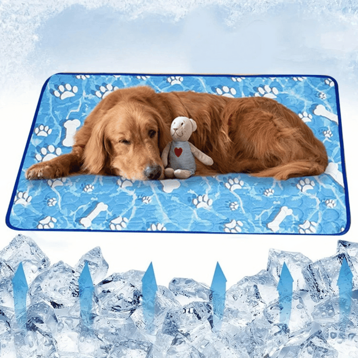 "Pale blue pet cooling mat on beige sofa provides comfort for dogs and cats during summer, featuring self-cooling ice silk fa