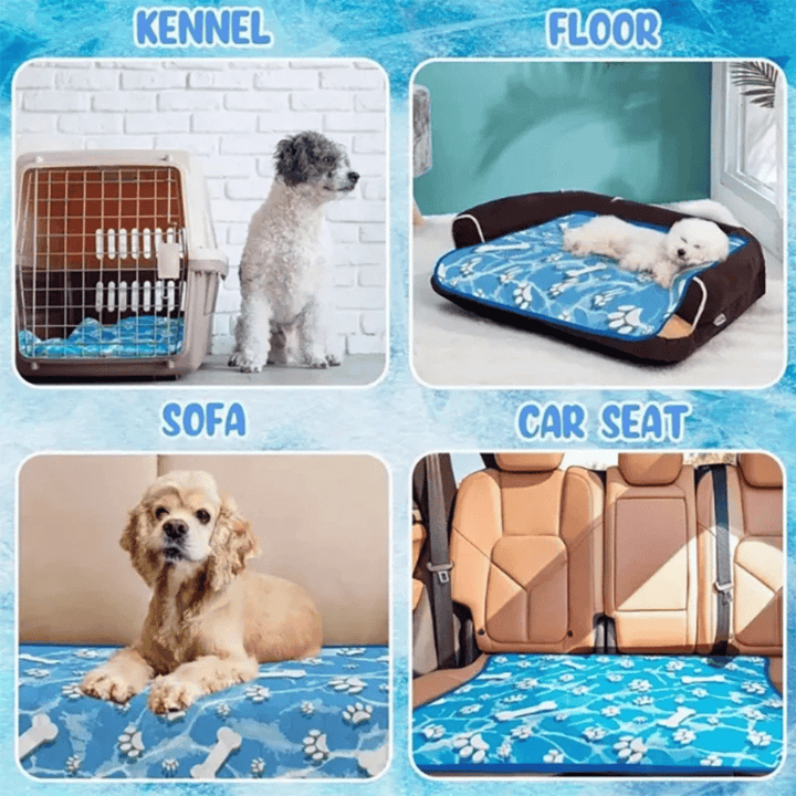 "Pale blue pet cooling mat on beige sofa provides comfort for dogs and cats during summer, featuring self-cooling ice silk fa
