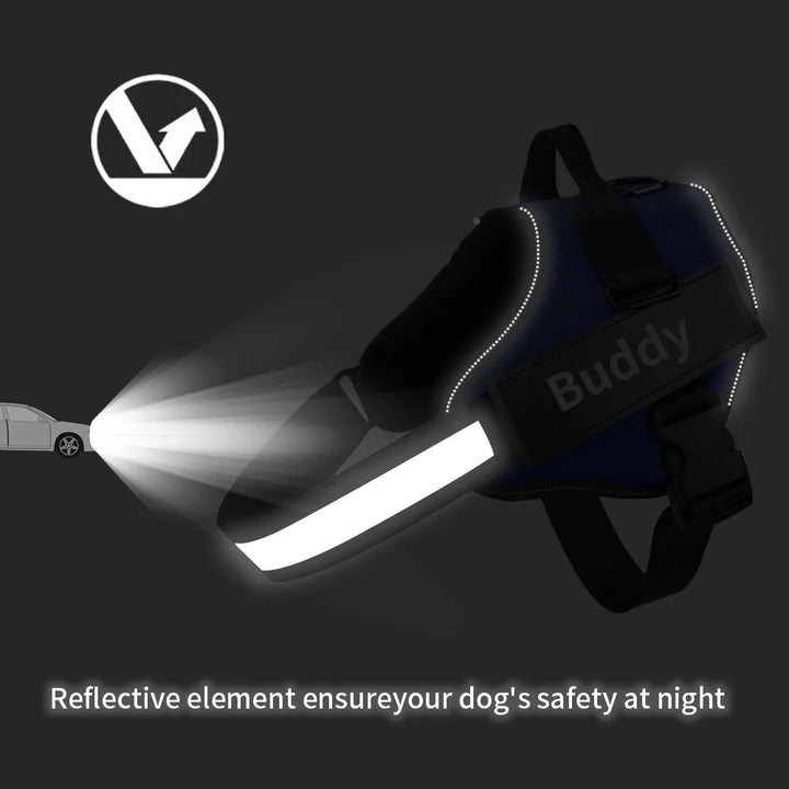 Personalized no-pull dog harness with ergonomic design, available in various colors, featuring reflective strips and easy-on/