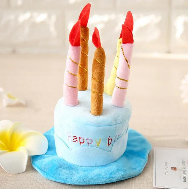 "Pet birthday cake hat for cats and small dogs with colorful candles in soft fleece, festive design for celebrations"