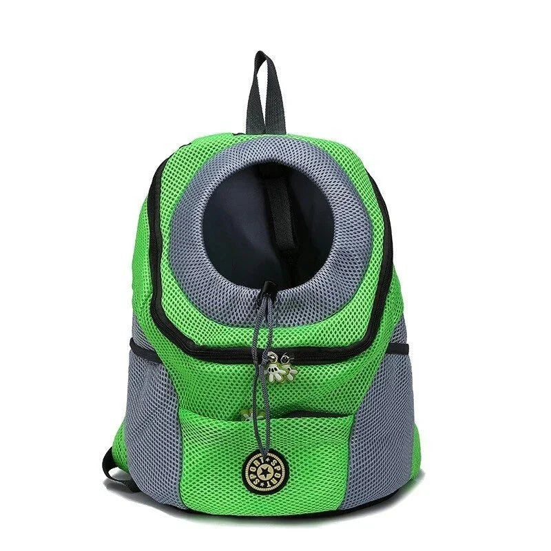 "Pet carrier backpack with safety straps, ergonomic design, breathable mesh, for dogs up to 15 kg, outdoor travel"