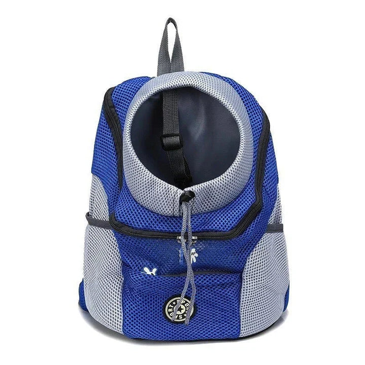 "Pet carrier backpack with safety straps, ergonomic design, breathable mesh, for dogs up to 15 kg, outdoor travel"