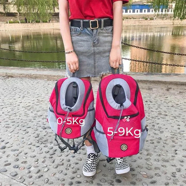 "Pet carrier backpack with safety straps, ergonomic design, breathable mesh, for dogs up to 15 kg, outdoor travel"