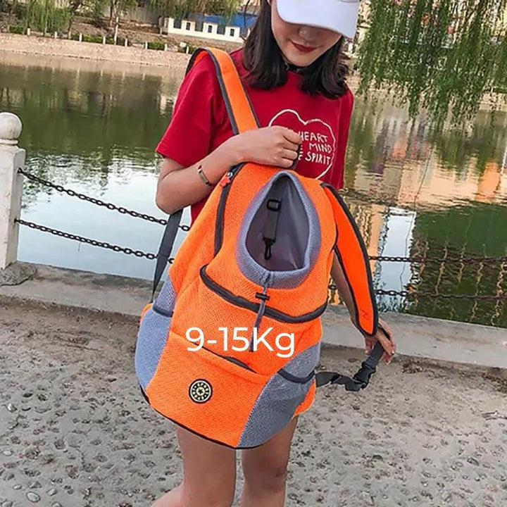 "Pet carrier backpack with safety straps, ergonomic design, breathable mesh, for dogs up to 15 kg, outdoor travel"