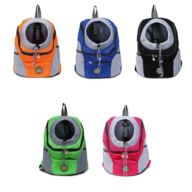 "Pet carrier backpack with safety straps, ergonomic design, breathable mesh, for dogs up to 15 kg, outdoor travel"
