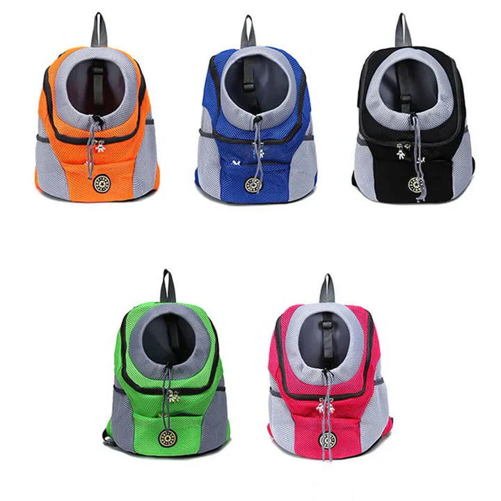 "Pet carrier backpack with safety straps, ergonomic design, breathable mesh, for dogs up to 15 kg, outdoor travel"
