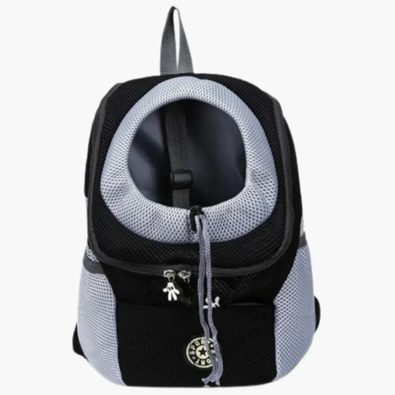 "Pet carrier backpack with safety straps, ergonomic design, breathable mesh, for dogs up to 15 kg, outdoor travel"