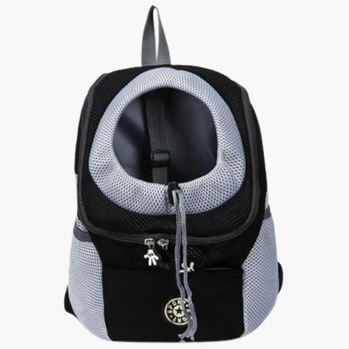 "Pet carrier backpack with safety straps, ergonomic design, breathable mesh, for dogs up to 15 kg, outdoor travel"