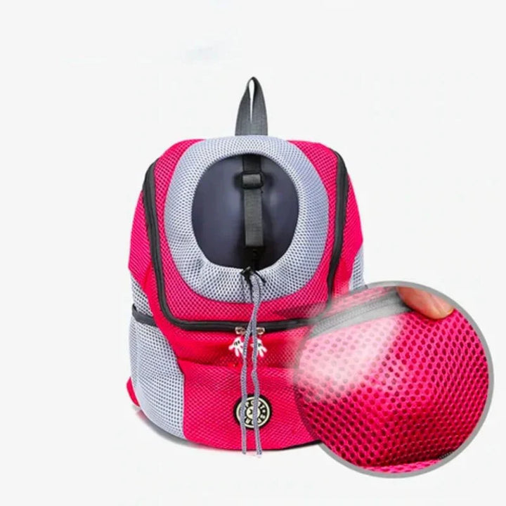 "Pet carrier backpack with safety straps, ergonomic design, breathable mesh, for dogs up to 15 kg, outdoor travel"