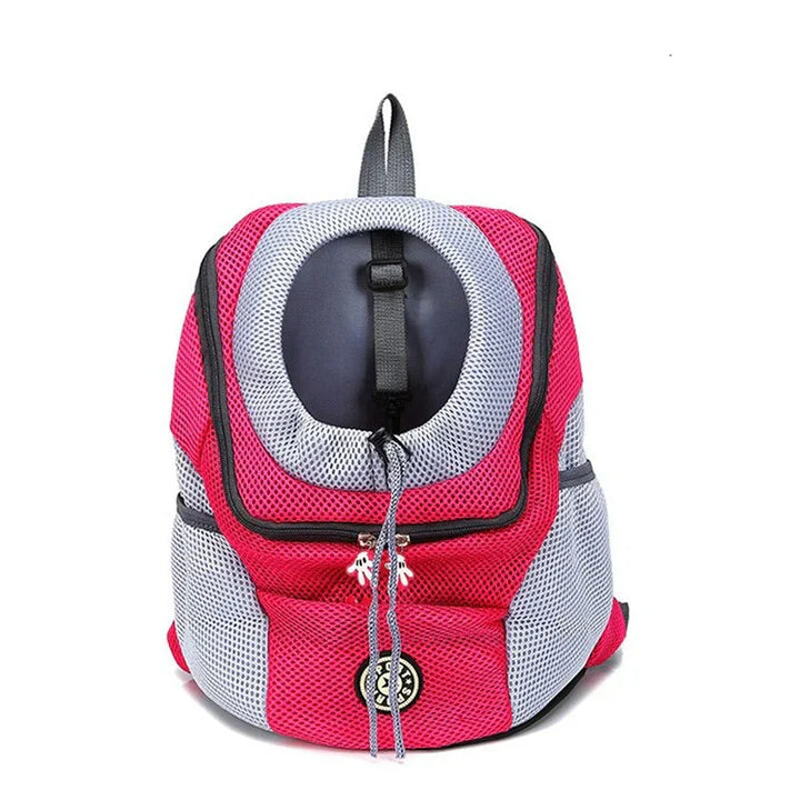 "Pet carrier backpack with safety straps, ergonomic design, breathable mesh, for dogs up to 15 kg, outdoor travel"