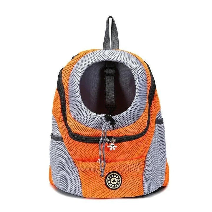 "Pet carrier backpack with safety straps, ergonomic design, breathable mesh, for dogs up to 15 kg, outdoor travel"