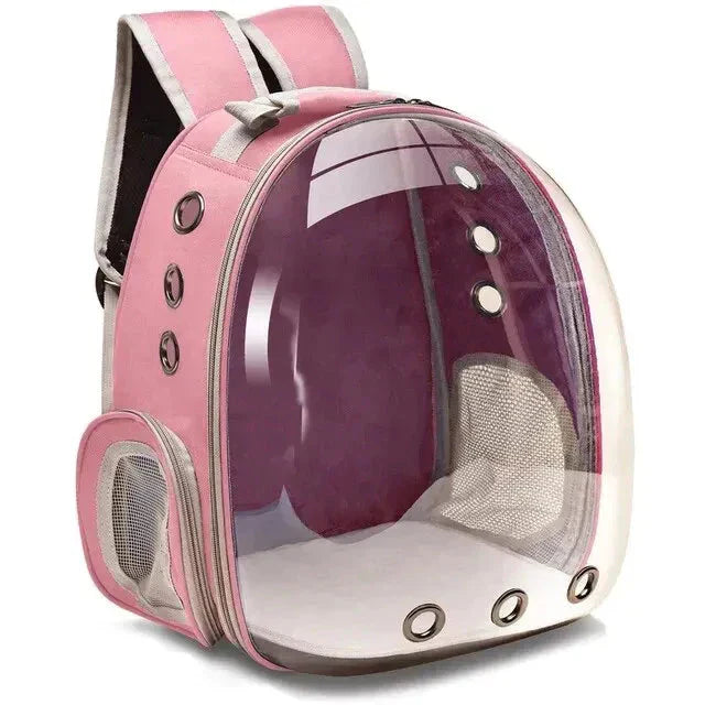 "Pet carrier with 360° view, transparent front, mesh windows, ergonomic straps; gray, green, pink, black options."