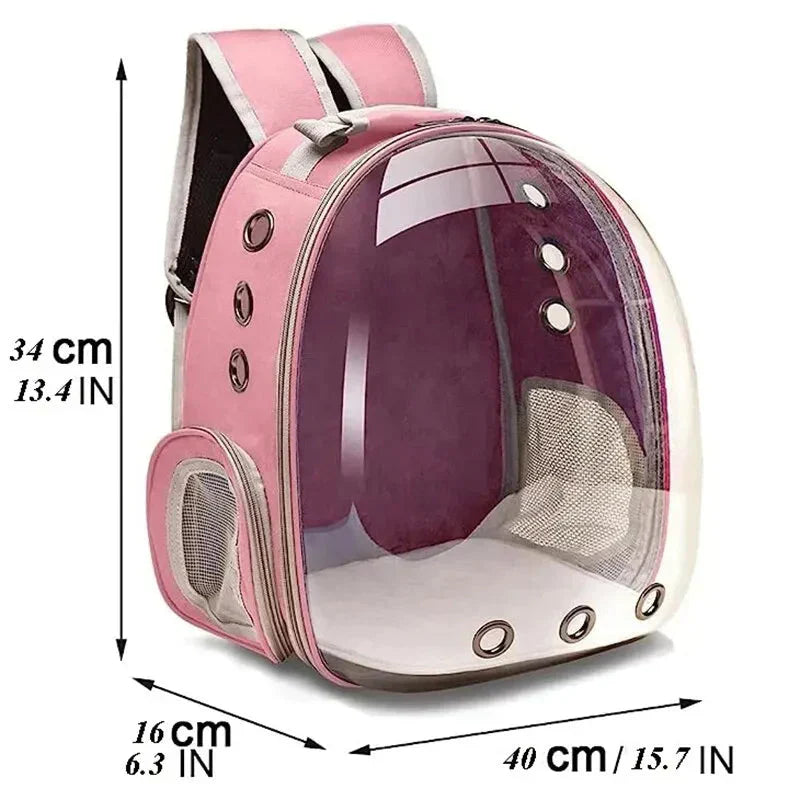 "Pet carrier with 360° view, transparent front, mesh windows, ergonomic straps; gray, green, pink, black options."