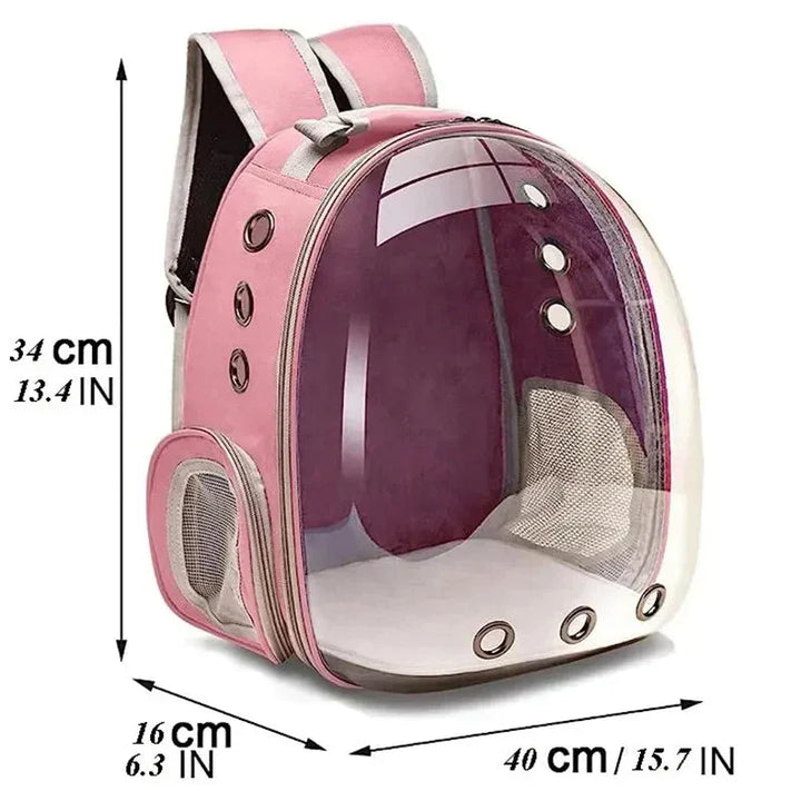 "Pet carrier with 360° view, transparent front, mesh windows, ergonomic straps; gray, green, pink, black options."