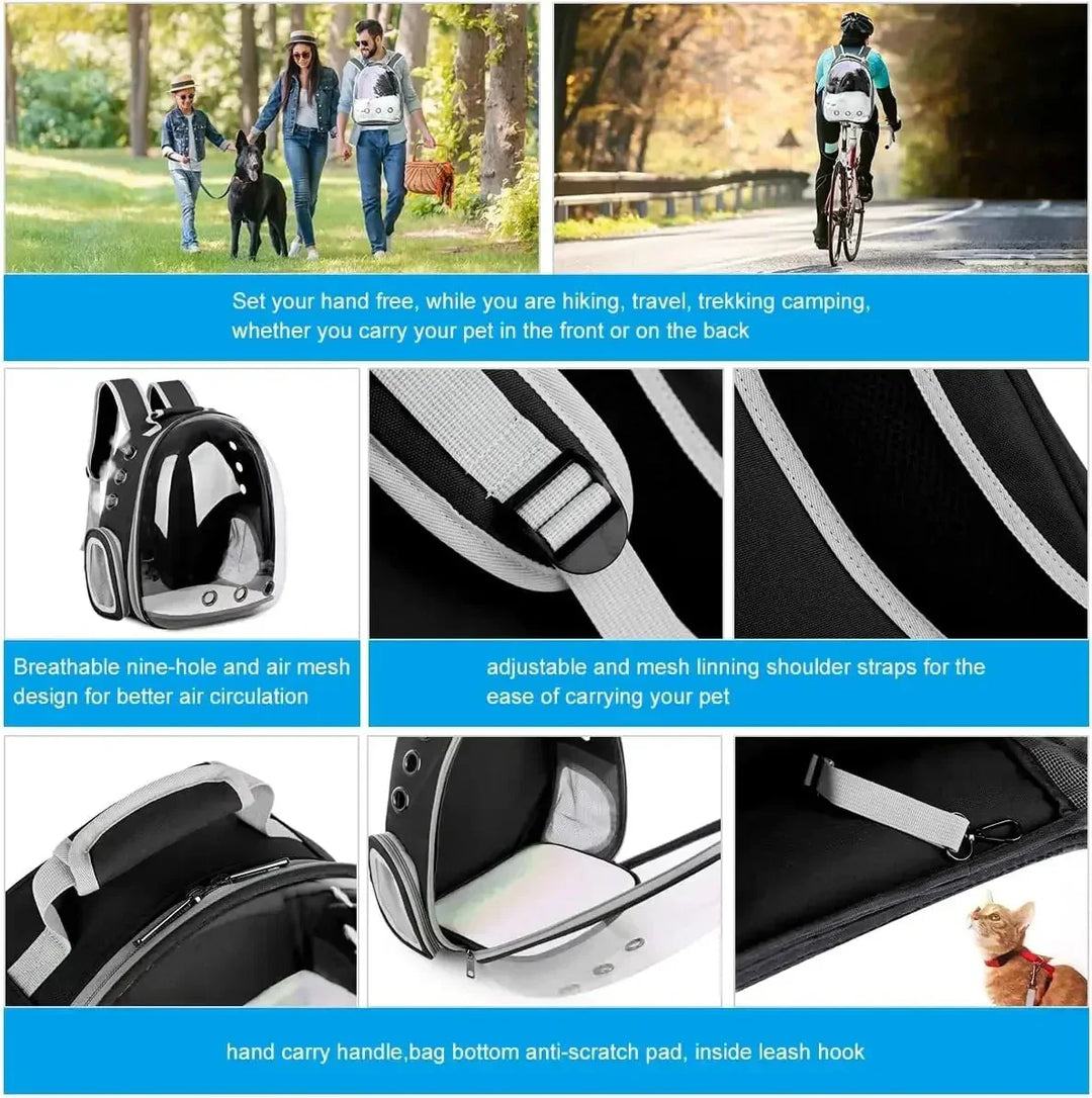 "Pet carrier with 360° view, transparent front, mesh windows, ergonomic straps; gray, green, pink, black options."