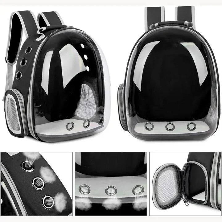 "Pet carrier with 360° view, transparent front, mesh windows, ergonomic straps; gray, green, pink, black options."