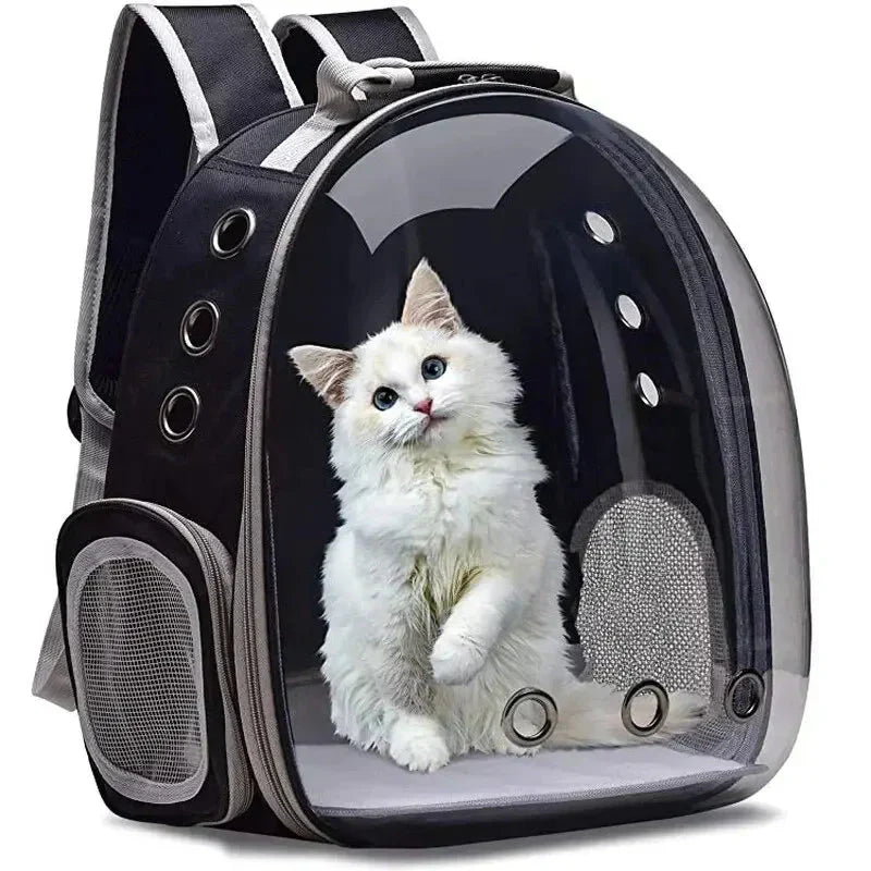 "Pet carrier with 360° view, transparent front, mesh windows, ergonomic straps; gray, green, pink, black options."