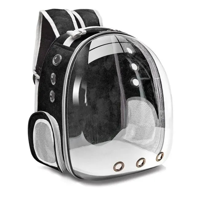 "Pet carrier with 360° view, transparent front, mesh windows, ergonomic straps; gray, green, pink, black options."