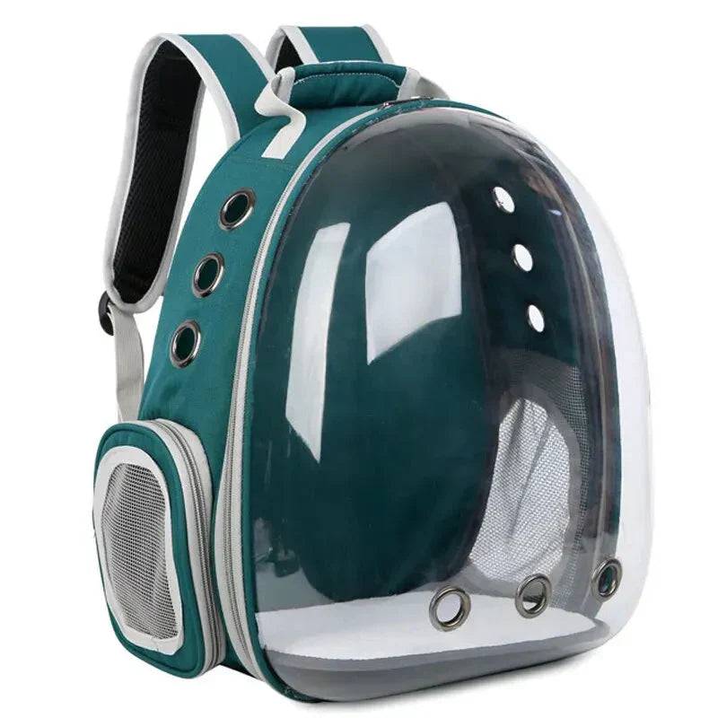 "Pet carrier with 360° view, transparent front, mesh windows, ergonomic straps; gray, green, pink, black options."