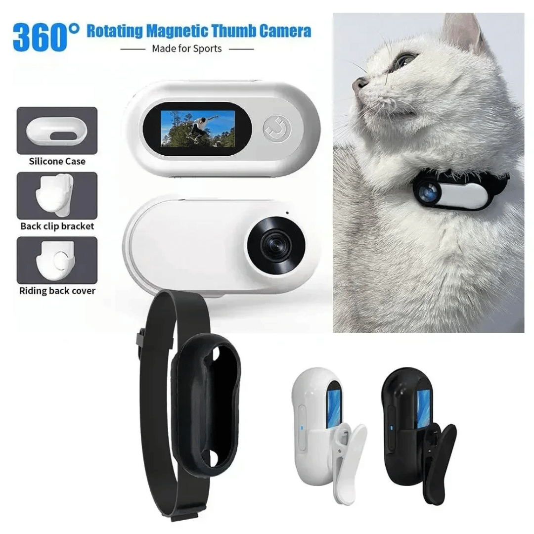 "Pet collar camera with 160° wide-angle lens and HD 1080P video, designed for cats and dogs, fits comfortably on collars."