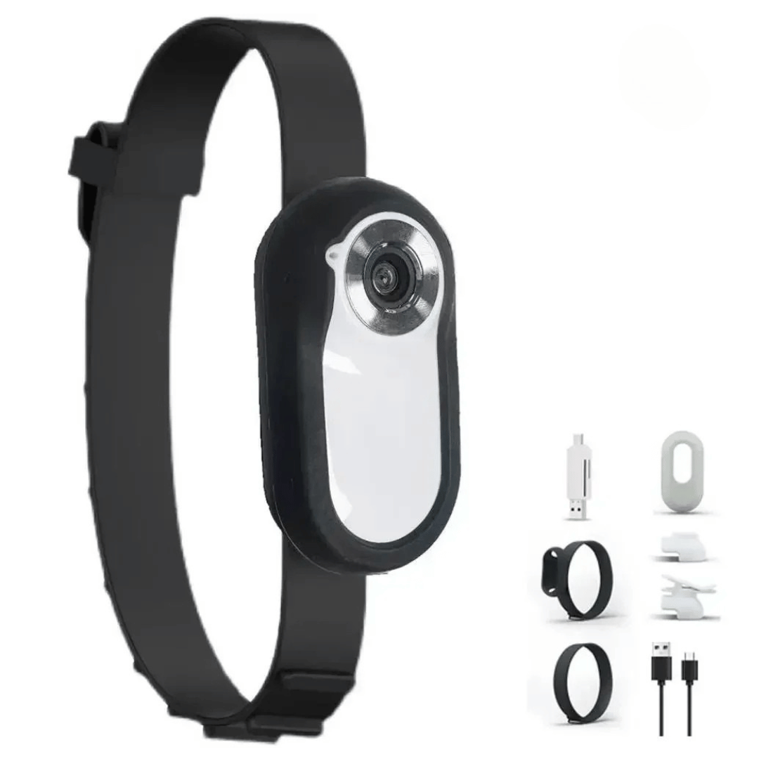 "Pet collar camera with 160° wide-angle lens and HD 1080P video, designed for cats and dogs, fits comfortably on collars."