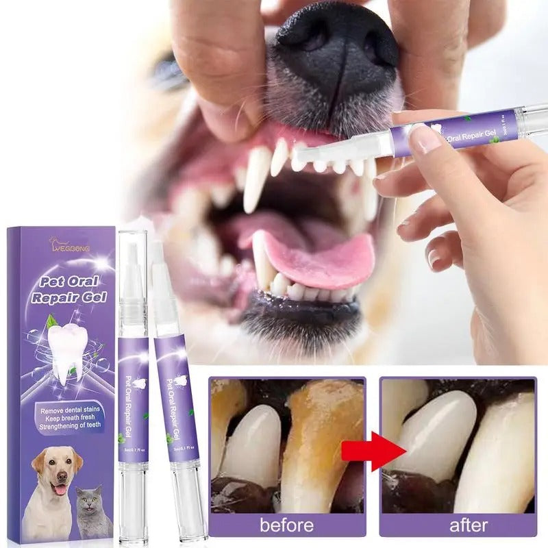 "Pet dental care gel pen against white background; easy-to-use, fights plaque, freshens breath, and strengthens teeth."